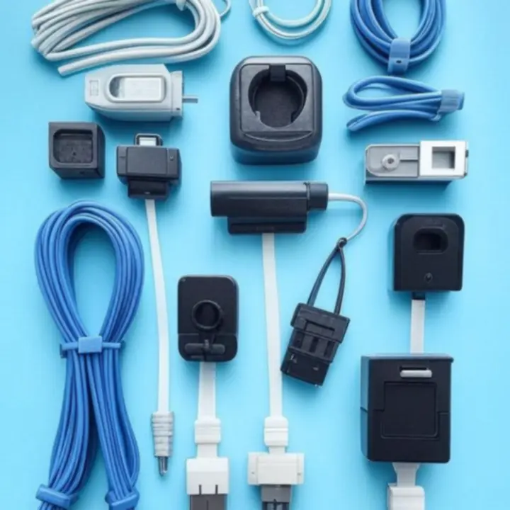 Flatlay van kabelaccessoires zoals organizers, clips en houders op een tafel.