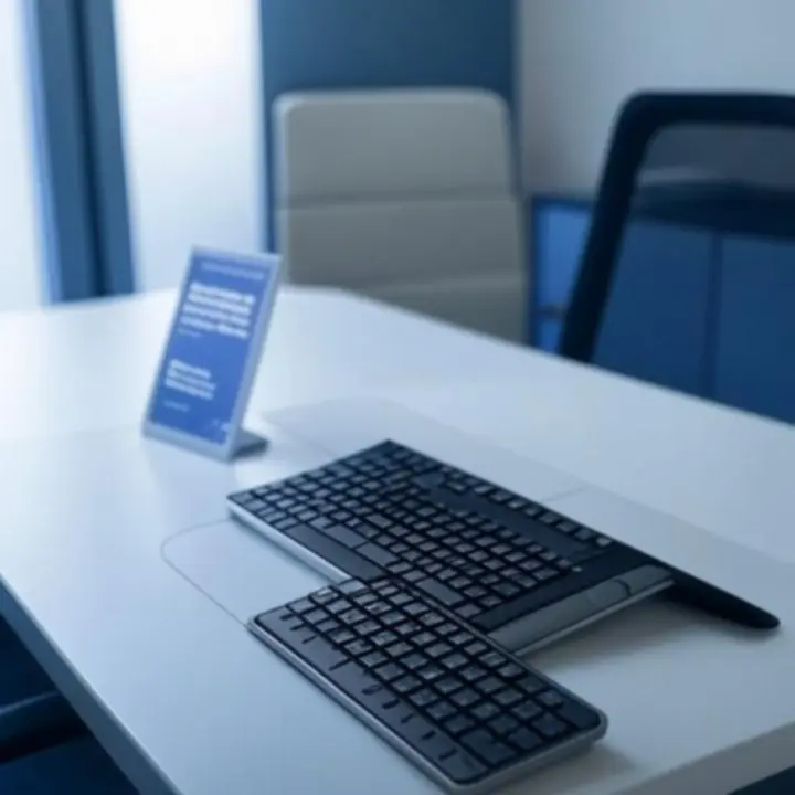 Professionele werkplek met peripherals en een scherm met klantbeoordelingen.