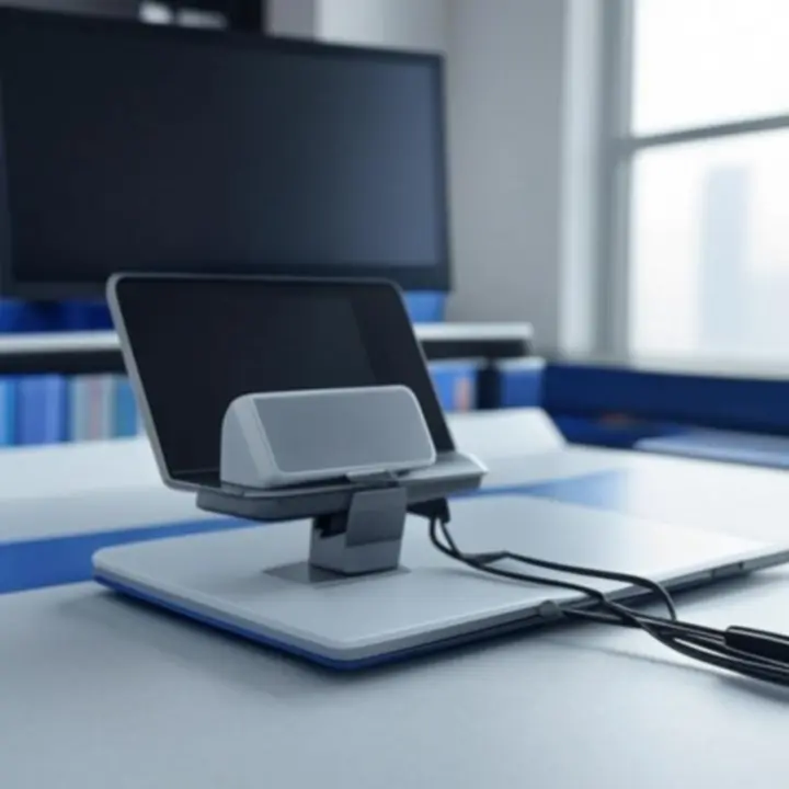 Modern docking station met meerdere aangesloten apparaten op een werkplek.