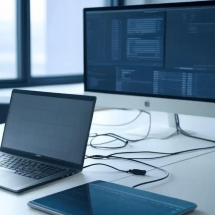 Moderne kantoorwerkplek met georganiseerde kabeloplossingen op een bureau.