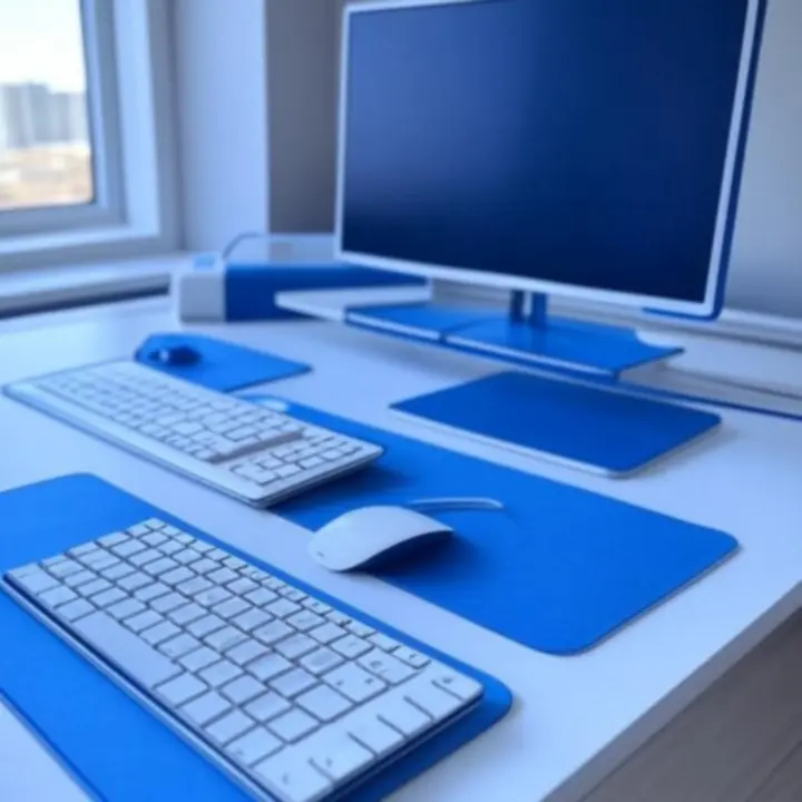 Modern bureau met premium peripherals zoals toetsenbord, muis en docking station.