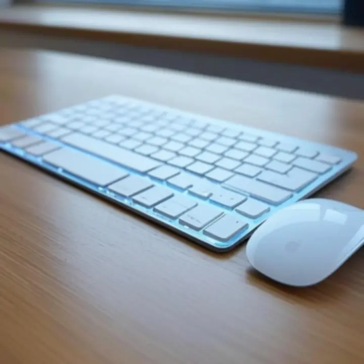 Premium toetsenbord en ergonomische muis op een strak, modern bureau.