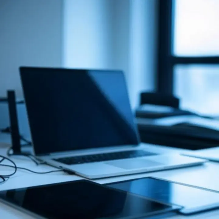 Laptop en tablet op een bureau met compatibele Techdesko-accessoires