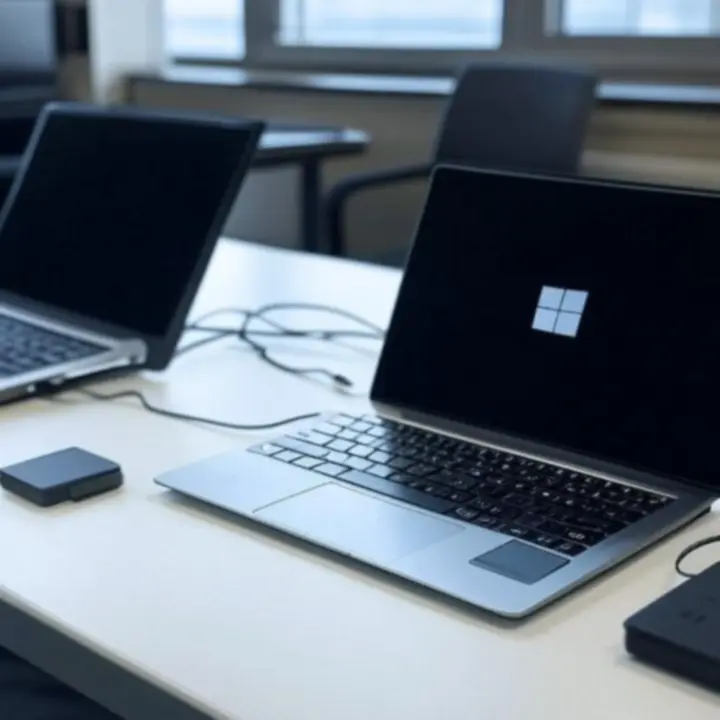 Professionele werkplek met zowel Mac- als Windows-apparatuur en accessoires