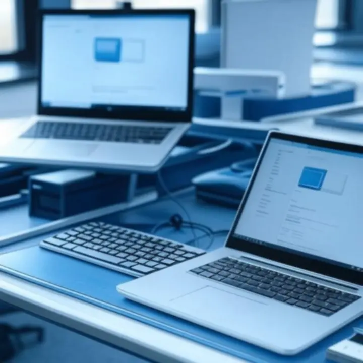 Moderne bureausetup met kantooraccessoires en duidelijk gemarkeerde productspecificaties op het scherm.