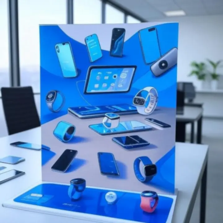 Promotionele banner voor kantoor tech-accessoires in een Nederlandse kantooromgeving